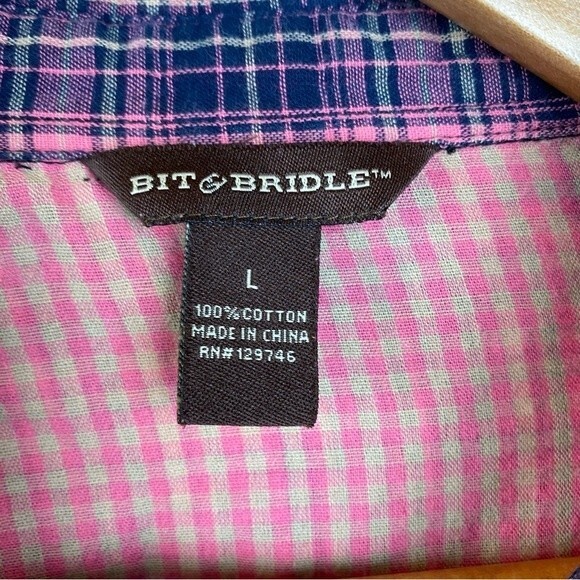 Bit & Bridle Pink & Blue Pearl Snap Long Sleeve Rodeo Plaid Gingham Top L - Picture 5 of 6